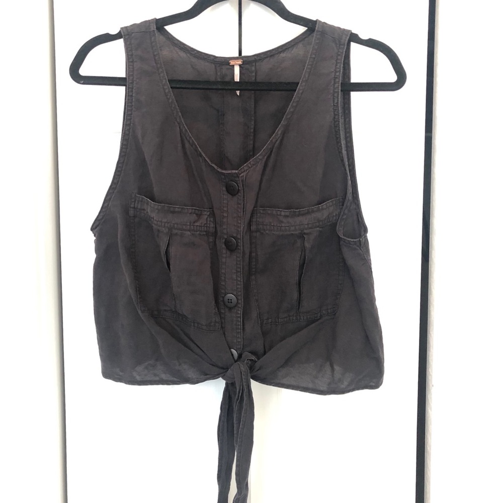 Free People Black Button Up Crop Tank Top Sz Medium